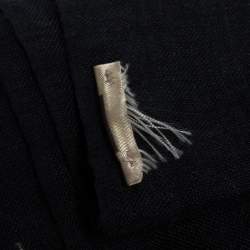 Burberry Navy Blue Checked Wool and Silk Fringed Edge Scarf