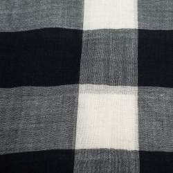 Burberry Navy Blue Checked Wool and Silk Fringed Edge Scarf
