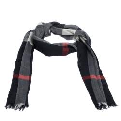 Burberry Navy Blue Checked Wool and Silk Fringed Edge Scarf