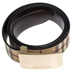 Pre Owned Burberry Beige Haymarket Check PVC Logo Plaque Belt 100CM