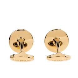 Burberry Logo Engraved Gold Tone Round Cufflinks