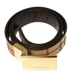 Pre Owned Burberry Beige Haymarket Check PVC Logo Plaque Belt 80CM