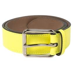 Pre Owned Burberry Neon Green Pebbled Leather Mark Buckle Belt 90 CM
