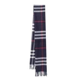 Pre Owned Burberry Navy Blue Classic Checkered Cashmere Fringed Stole