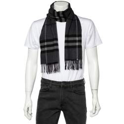 Burberry Charcoal Grey Checkered Cashmere Fringed Scarf