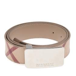 Pre Owned Burberry Beige Novacheck Coated Canvas Logo Plaque Belt 100 CM