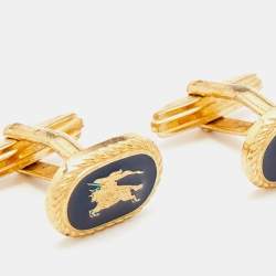 Pre Owned Burberrys Vintage Blue Lacquer Logo Oval Cufflinks