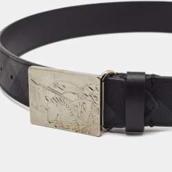 Burberry Black Charcoal Check Coated Canvas Logo Plague Belt 75CM