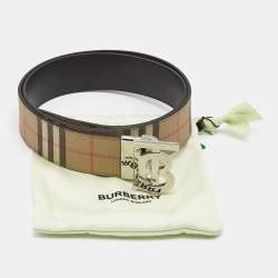 Burberry Beige/Black Housecheck Coated Canvas and Leather TB Logo Reversible Belt 95CM