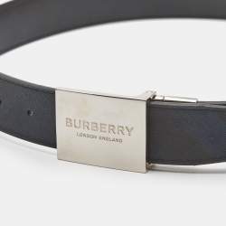 Burberry Navy Blue Check Coated Canvas and Leather Logo Plague Reversible Belt 85CM