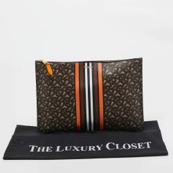Burberry Orange/Brown TB Monogram Coated Canvas Stripe Zip Pouch