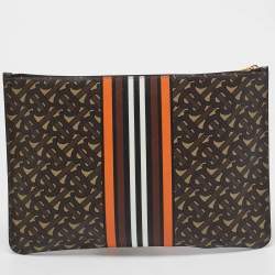 Burberry Orange/Brown TB Monogram Coated Canvas Stripe Zip Pouch