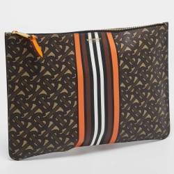 Burberry Orange/Brown TB Monogram Coated Canvas Stripe Zip Pouch