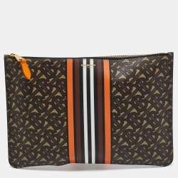 Burberry Orange/Brown TB Monogram Coated Canvas Stripe Zip Pouch