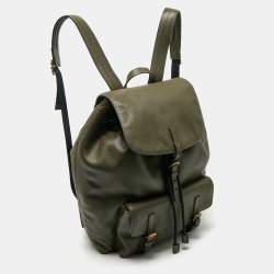 Pre Owned Burberry Military Green Leather Drawstring Backpack