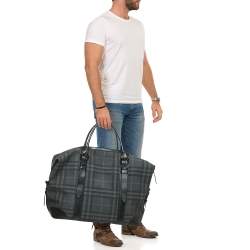 Pre Owned Burberry Black Check Coated Canvas and Leather Duffle Bag