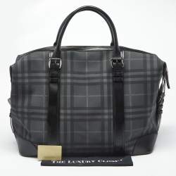 Pre Owned Burberry Black Check Coated Canvas and Leather Duffle Bag