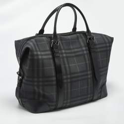 Pre Owned Burberry Black Check Coated Canvas and Leather Duffle Bag