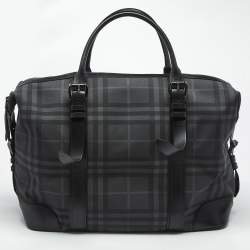 Pre Owned Burberry Black Check Coated Canvas and Leather Duffle Bag
