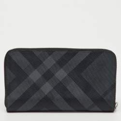 Pre Owned Burberry Black/Grey Coated Canvas Check Logo Print Zip Around Wallet
