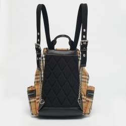 Pre Owned Burberry Beige/Black House Check Fabric and Leather Rucksack Backpack