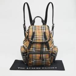 Pre Owned Burberry Beige/Black House Check Fabric and Leather Rucksack Backpack