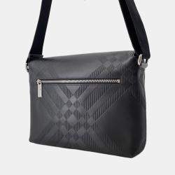 Pre Owned Burberry Embossed Check Messenger Bag Black Calf Leather