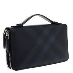 Pre Owned Burberry Navy Blue Coated Canvas Reeves Double Zip Wallet