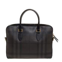 Pre Owned Burberry Dark Brown/Black Smoke Check PVC and Leather Laptop Bag