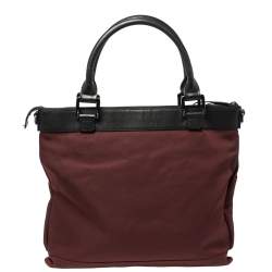 Pre Owned Burberry Burgundy/Black Nylon and Leather Tote