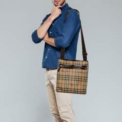 Pre Owned Burberry Beige/Brown Haymarket Check Coated Canvas Pocket Zip Messenger Bag