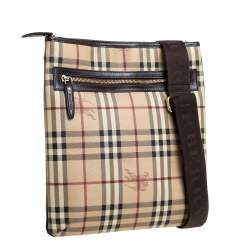 Pre Owned Burberry Beige/Brown Haymarket Check Coated Canvas Pocket Zip Messenger Bag