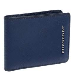 Pre Owned Burberry Navy Blue Leather Logo Bifold Compact Wallet