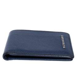 Pre Owned Burberry Navy Blue Leather Logo Bifold Compact Wallet