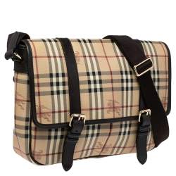 Pre Owned Burberry Beige/Brown Haymarket Coated Canvas and Leather Newton Messenger Bag