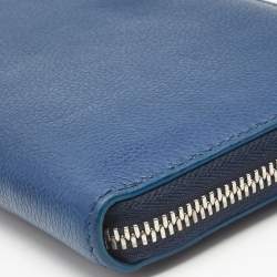 Pre Owned Burberry Blue Leather Zip Around Organizer Wallet 