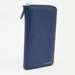 Pre Owned Burberry Blue Leather Zip Around Organizer Wallet 