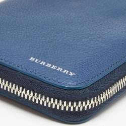 Pre Owned Burberry Blue Leather Zip Around Organizer Wallet 