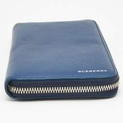 Pre Owned Burberry Blue Leather Zip Around Organizer Wallet 