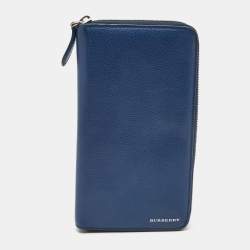 Pre Owned Burberry Blue Leather Zip Around Organizer Wallet 