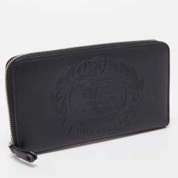 Burberry Black Leather Embossed Crest Zip Around Wallet