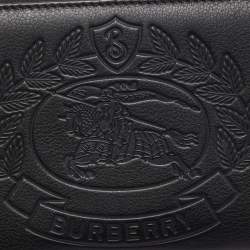 Burberry Black Leather Embossed Crest Zip Around Wallet