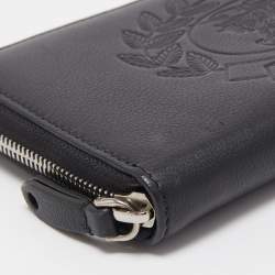 Burberry Black Leather Embossed Crest Zip Around Wallet