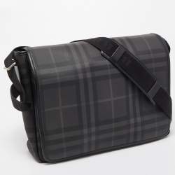 Burberry Black/Grey Check PVC and Leather Large Burleigh Messenger Bag