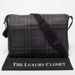 Burberry Black/Grey Check PVC and Leather Large Burleigh Messenger Bag