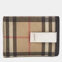 Pre Owned Burberry Black/Beige House Check Coated Canvas and Leather Money Clip Card Holder