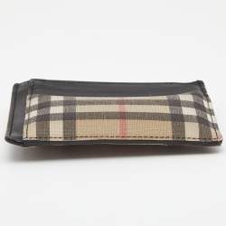 Pre Owned Burberry Black/Beige House Check Coated Canvas and Leather Money Clip Card Holder