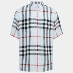 Pre Owned Burberry Blue Checked Linen Short Sleeve Shirt XL