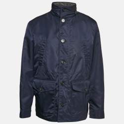 Burberry Navy Blue Synthetic Leather Trim Hooded Jacket XXL