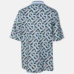 Pre Owned Burberry Blue TB Logo Monogram Cotton & Knit Collar Detail Bowling Shirt XL